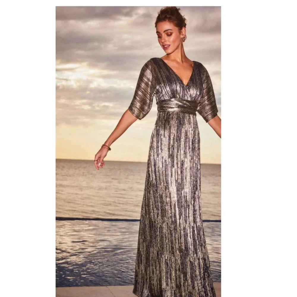 Lily Pulitzer Parigi Elbow Sleeve Maxi DRESS Metallic Rope Berry Crinkle Size L - Picture 2 of 13